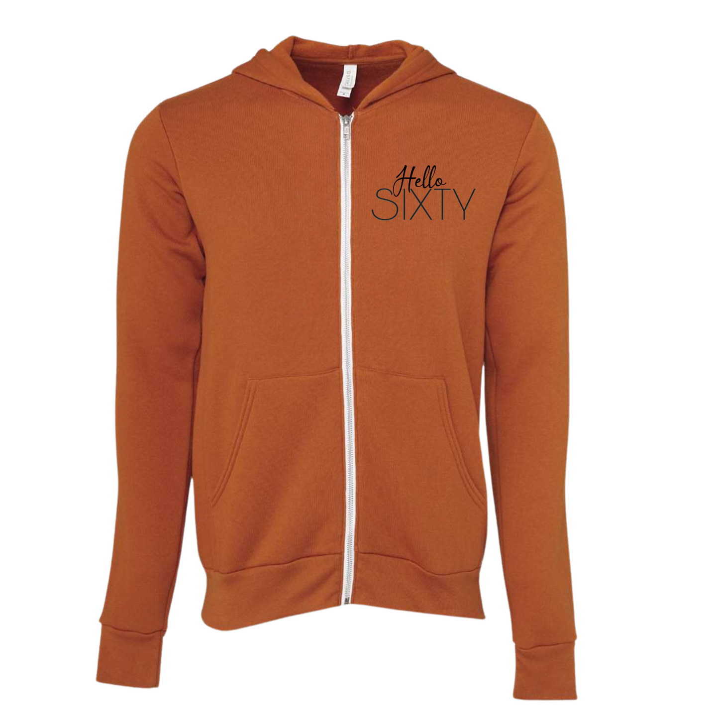 Sixty Zip Up Hoodie in orange with front pockets and "Hello Sixty" design.