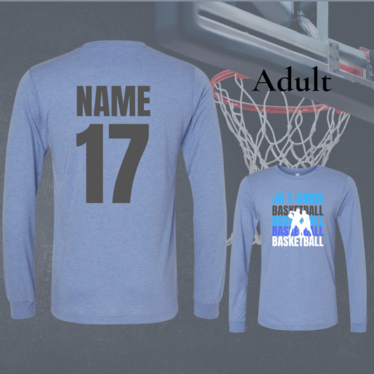 Jr Tbird Long Sleeve Adult Tee in blue with customizable name and number, basketball hoop background.