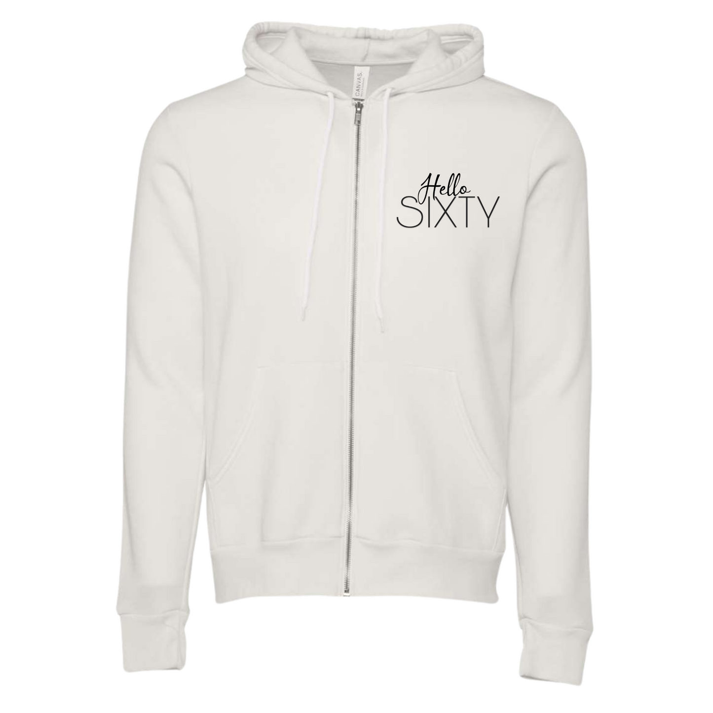 Unisex Hello Sixty Zip Up Hoodie in white with front pockets.