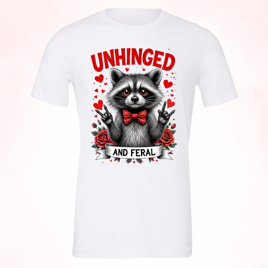 Farel Raccoon Valentine's Day shirt with quirky raccoon design and red bowtie.