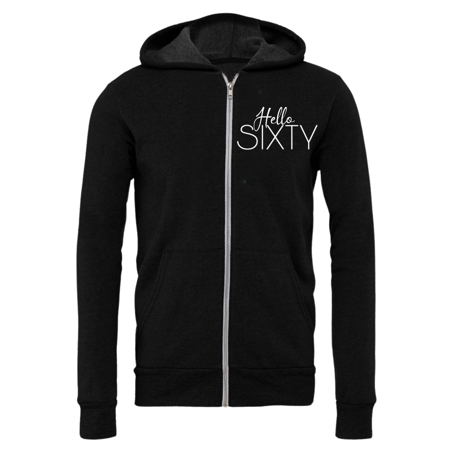 Sixty Zip Up Hoodie in black with front text design.