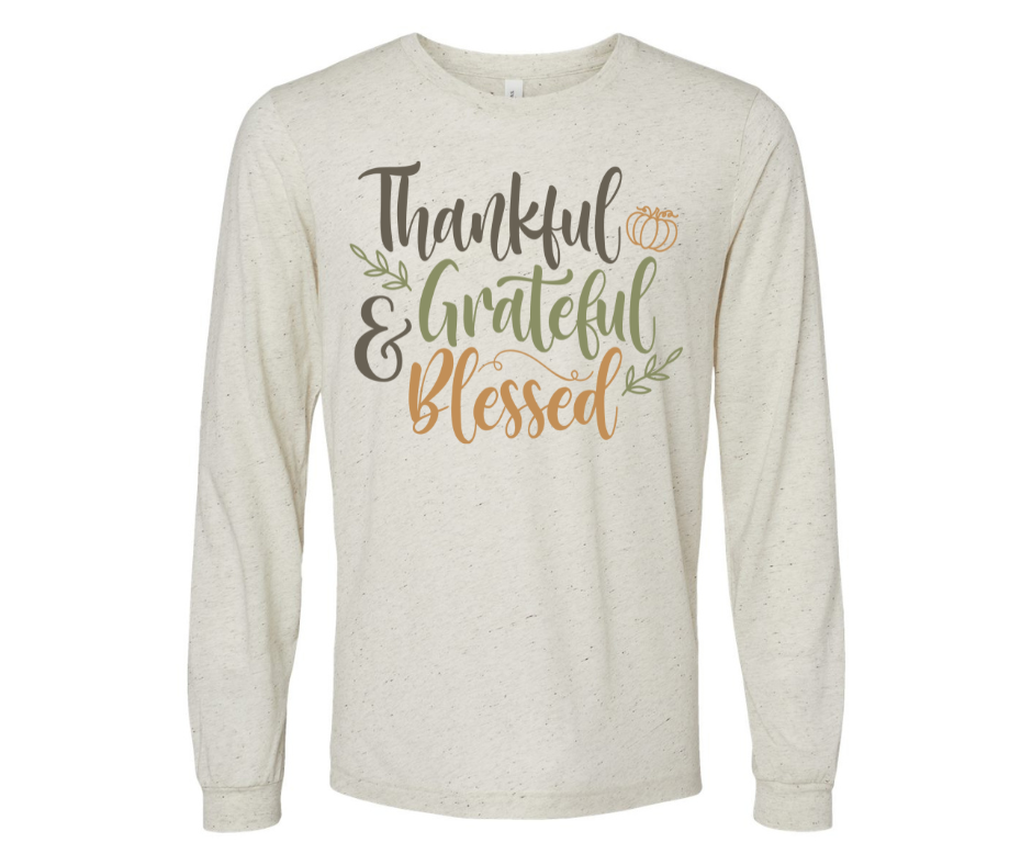 Thanksgiving Shirt with "Thankful & Grateful Blessed" design, long-sleeve and festive.