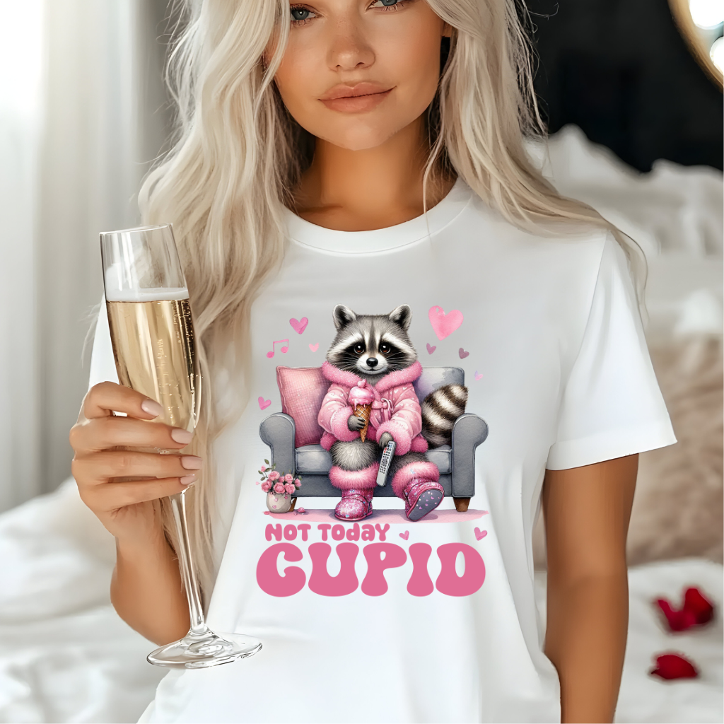 Crazy Valentine 'Not Today Cupid' shirt with a relaxed raccoon illustration.