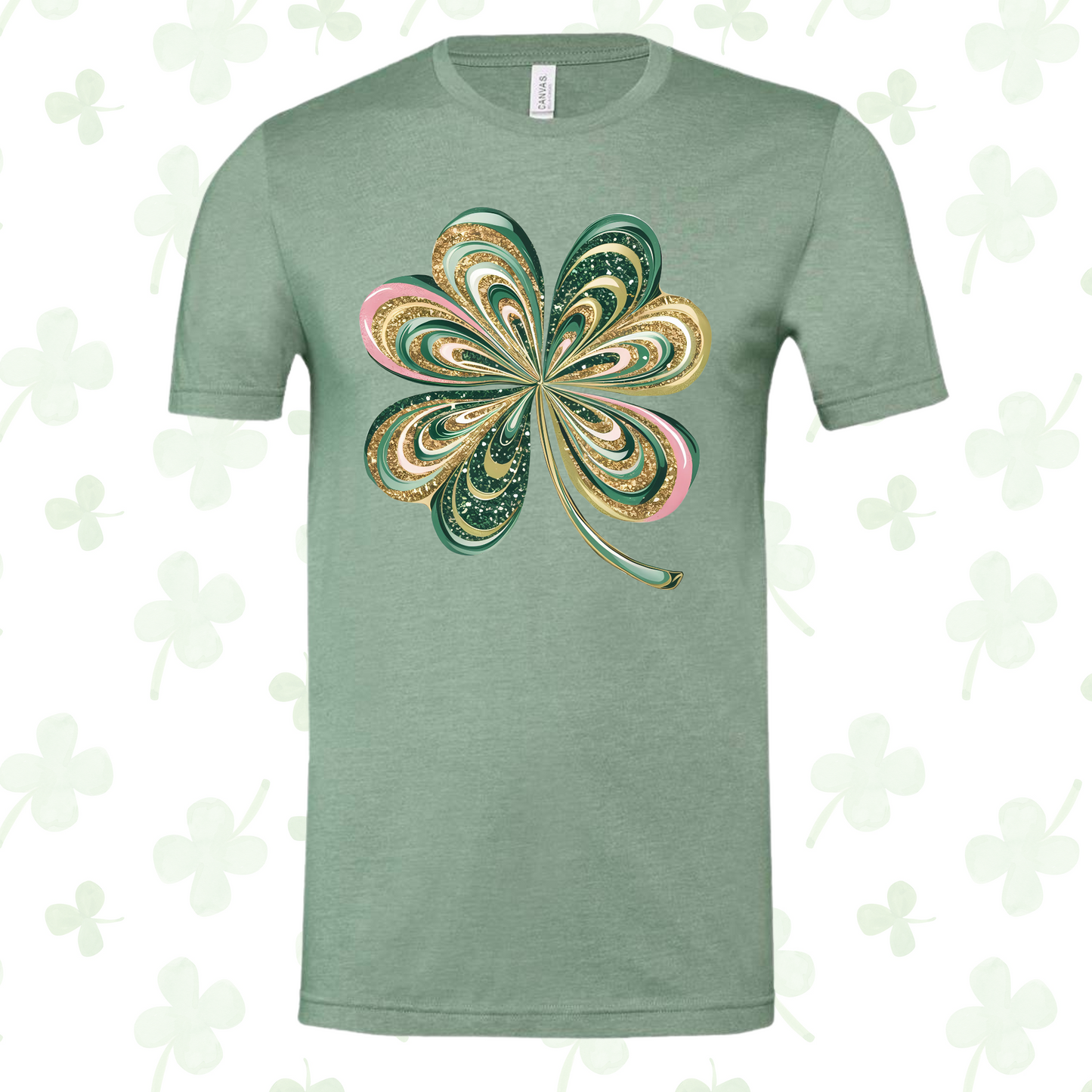 Unisex Lucky Clover Shirt with glittery four-leaf clover design for Saint Patrick's Day.