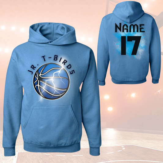 Jr TBirds Youth Splash Hoodie with pouch pocket, blue, customizable with name and number.