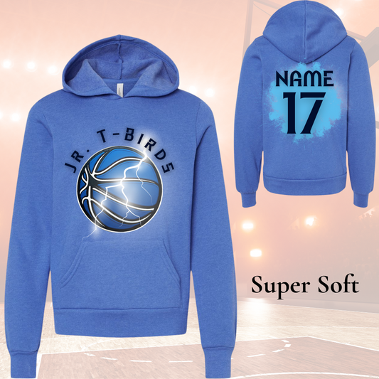 Jr TBirds Soft Hoodies Splash with customizable name and number, blue, super soft material.