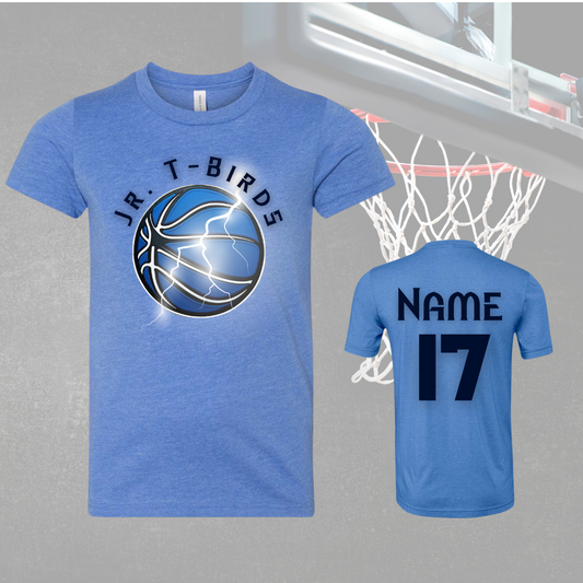 Jr TBird Tee Youth in blue, customizable with name and number, featuring basketball design.