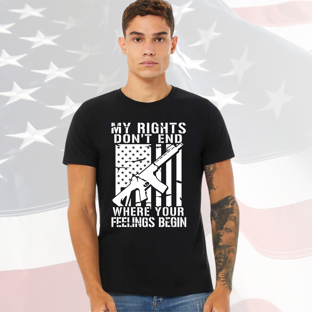 Feelings Begin Tee Shirt with bold statement on rights over emotions, American flag background.