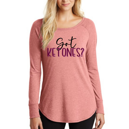 keto t shirt Women's long sleeve "Got Ketones?" shirt in pink, featuring a stylish and comfortable tri-blend fabric.