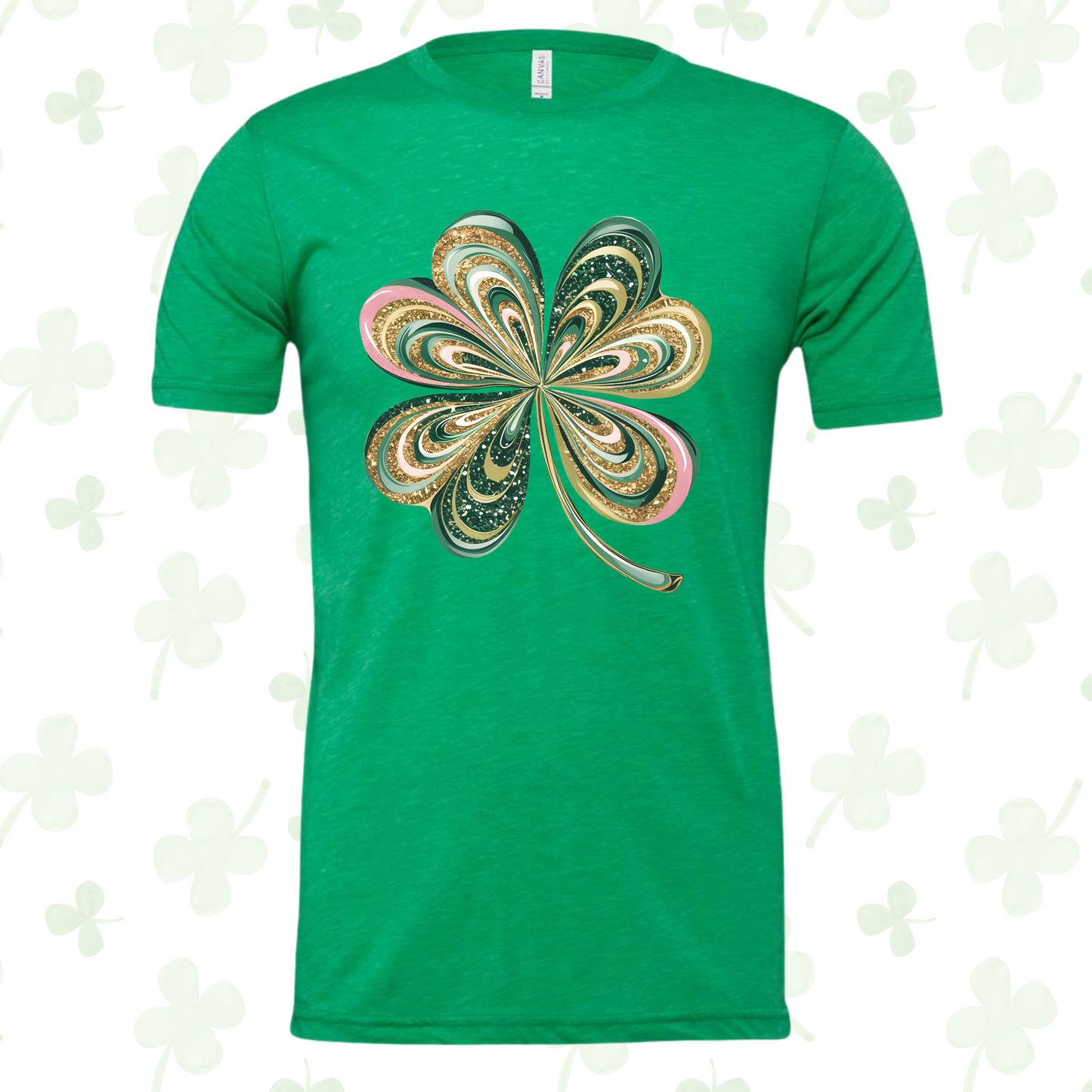 Lucky Clover Shirt with glittery four-leaf clover design for Saint Patrick's Day celebration.