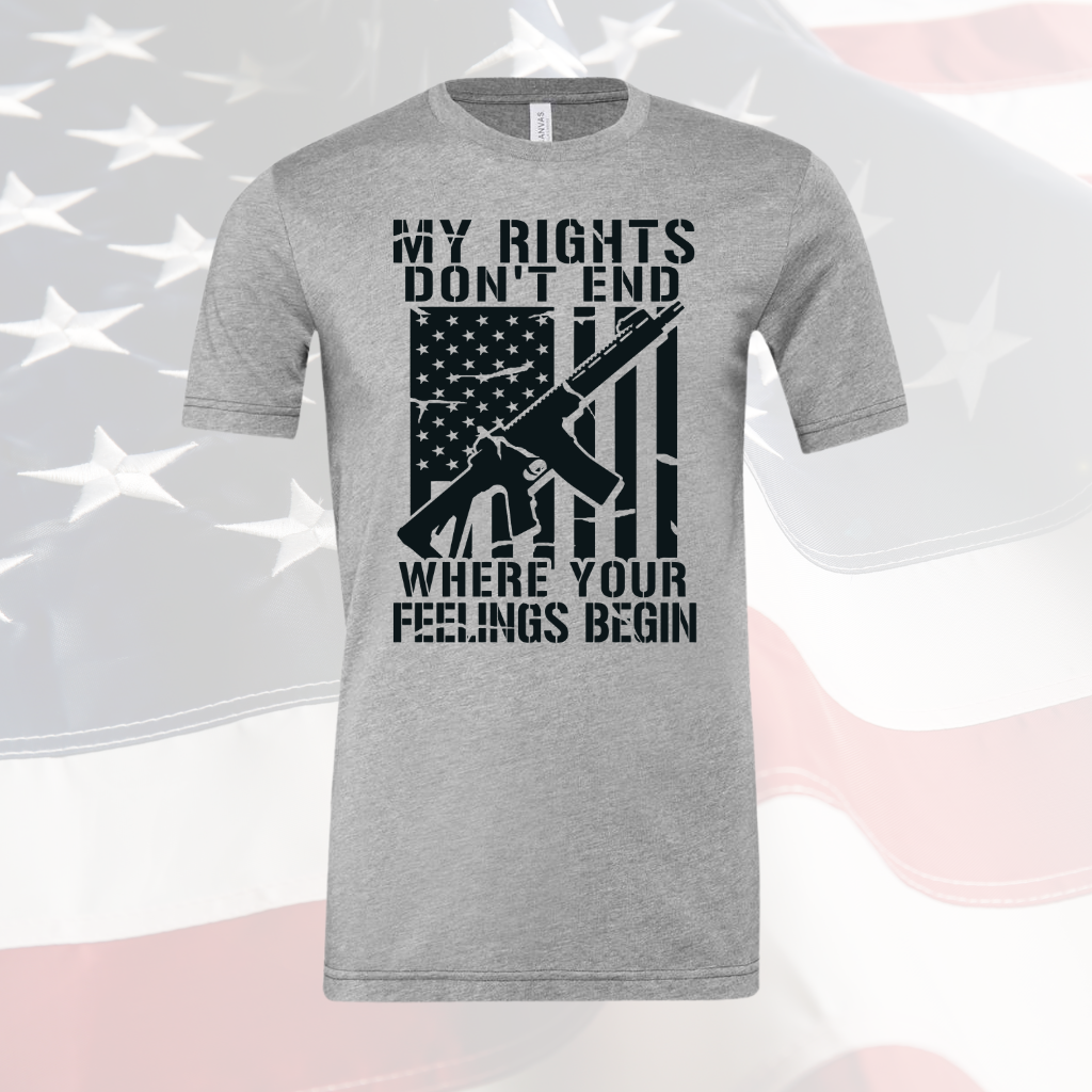 Feelings Begin Tee Shirt with American flag design and bold text message.