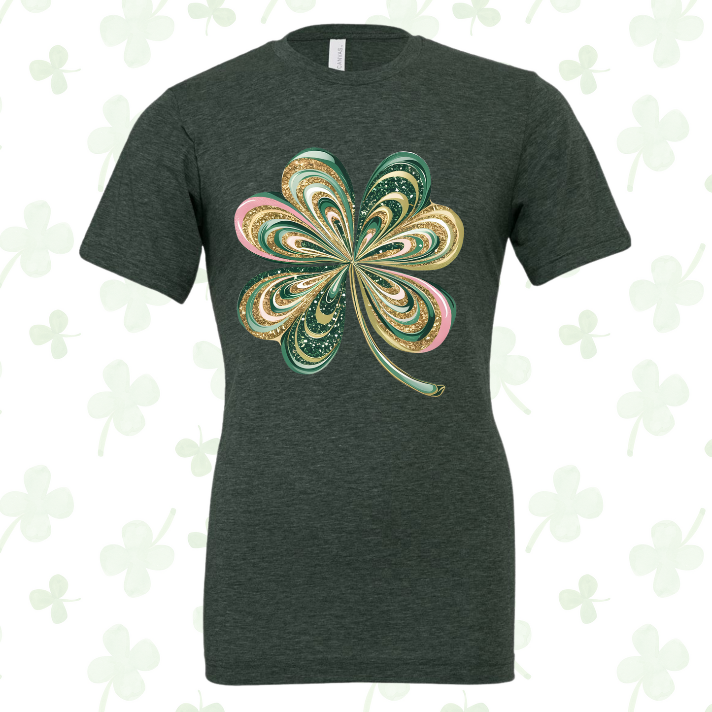 Lucky Clover Shirt with glittery four-leaf clover design, perfect for Saint Patrick's Day.