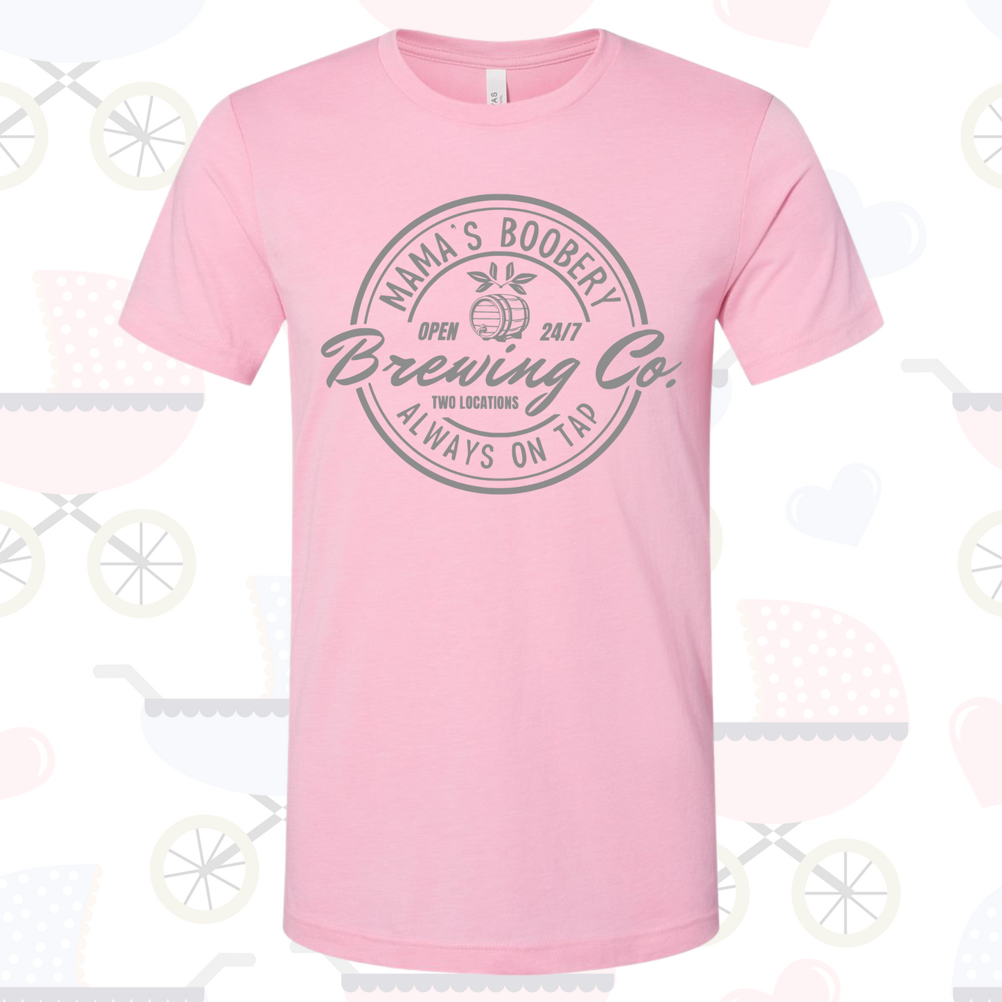 Pink funny breast feeding shirts for moms with "Mama's Boobery Brewing Co." logo.