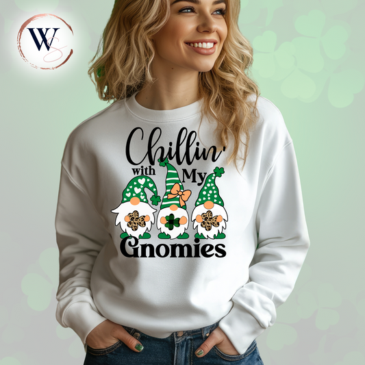 Saint Patrick Chilling with My Gnomies shirt featuring playful gnome design for St. Patrick's Day celebration.