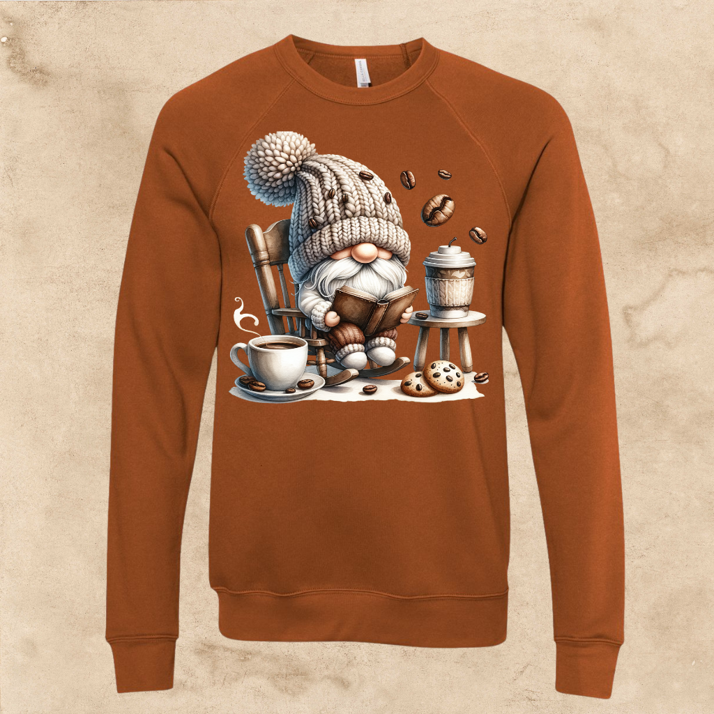 Coffee Gnome in a Rocking Chair Sweatshirt for Adults