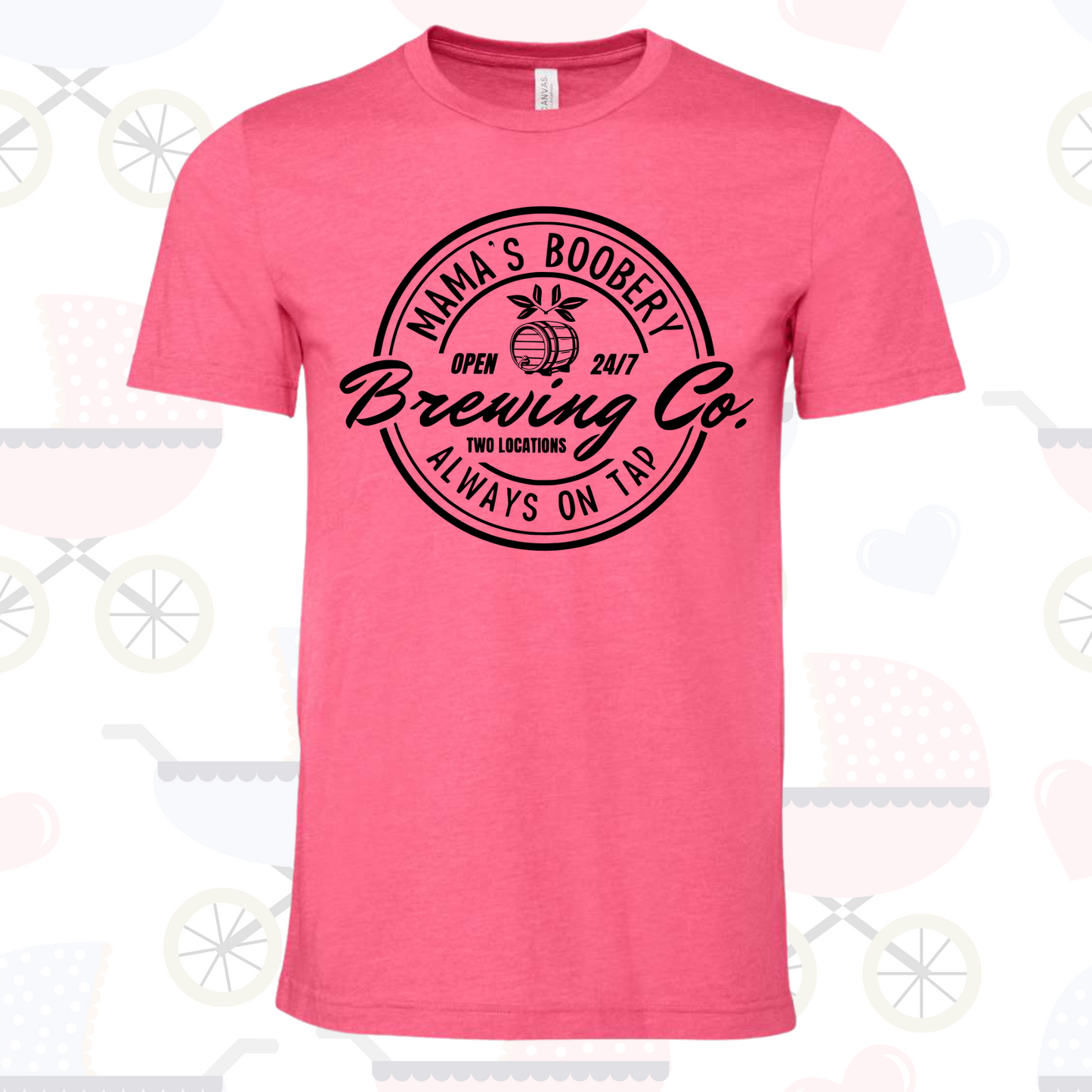 Pink breastfeeding shirt with "Mama's Boobery Brewing Co." graphic, ideal for moms.