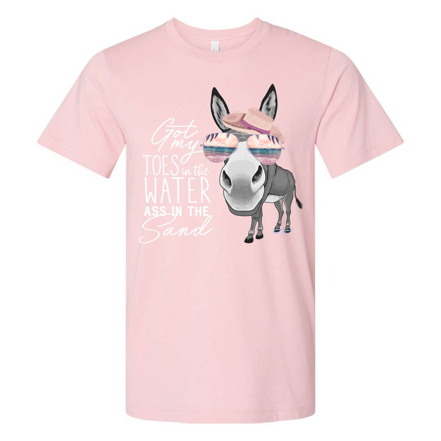 Pink Vacation Toes in the Water Tee with donkey and beach slogan design.