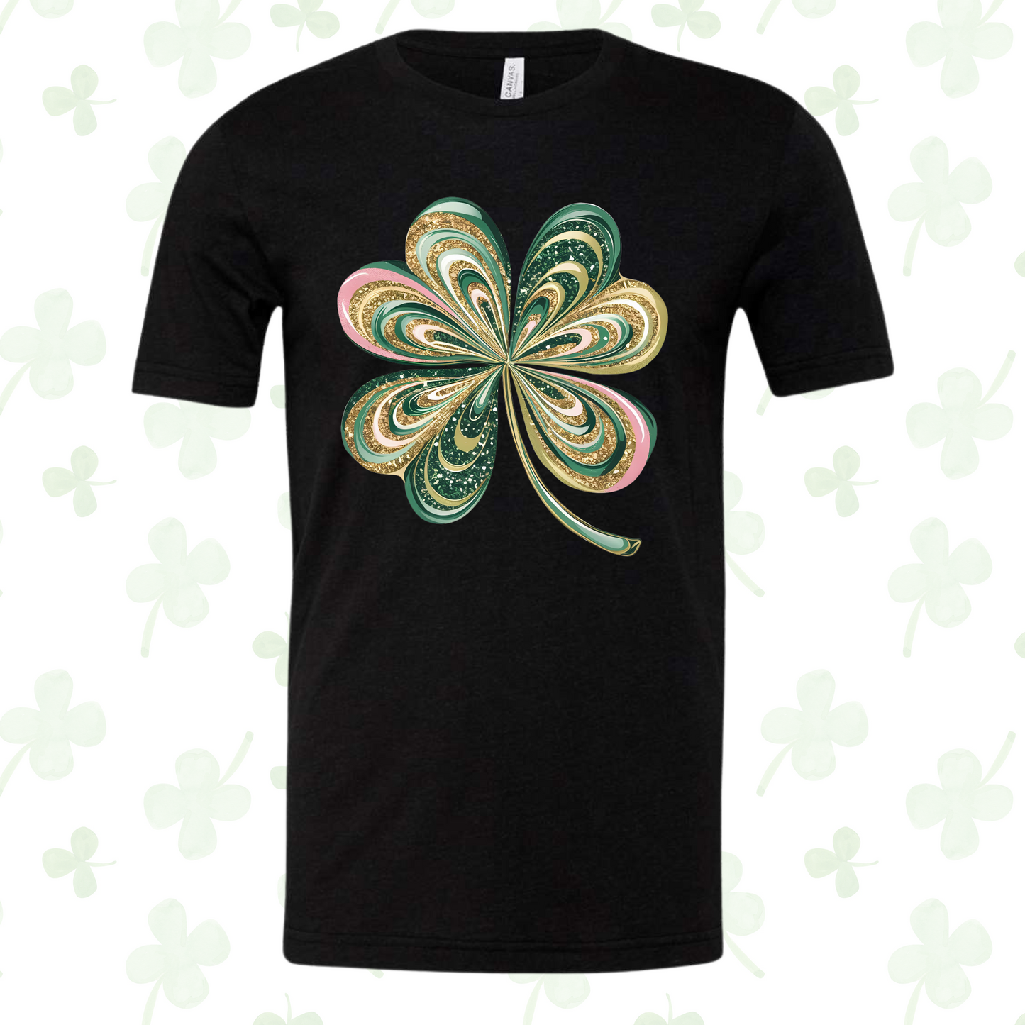 Lucky Clover Shirt with glittery four-leaf clover design for Saint Patrick's Day.