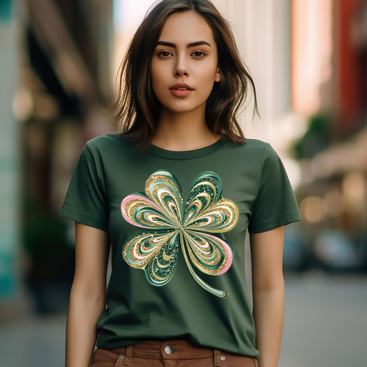 Lucky Clover Shirt with glittery four-leaf clover design for Saint Patrick's Day.