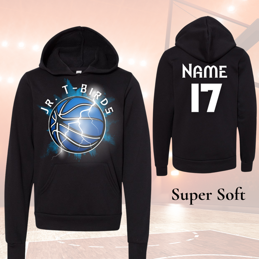 Jr TBirds Soft Hoodies with customizable name and number, basketball design, super soft fabric.