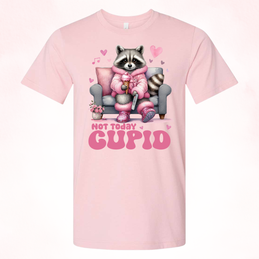 Crazy Valentine "Not Today Cupid" shirt with raccoon illustration, available in pink, black, or white.