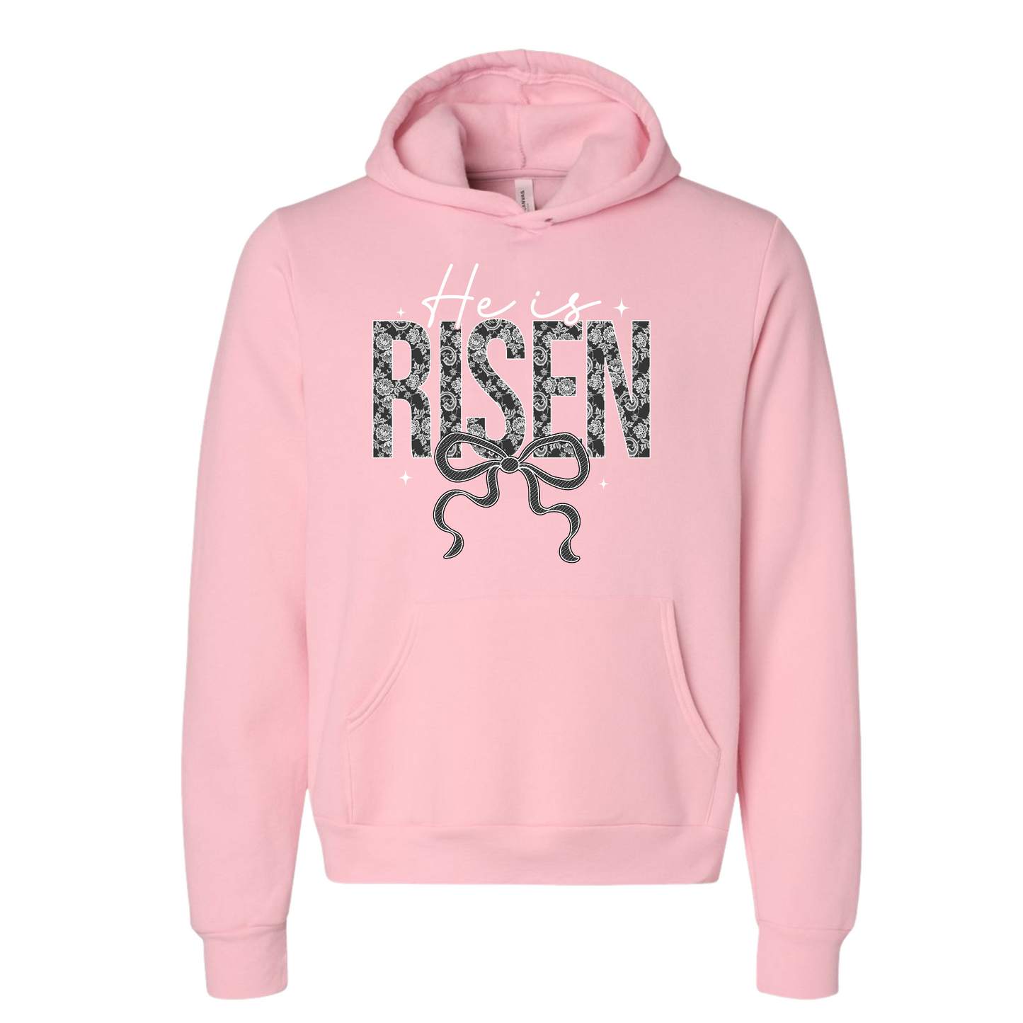 Pink "He is Risen" lace hoodie with elegant lace details.