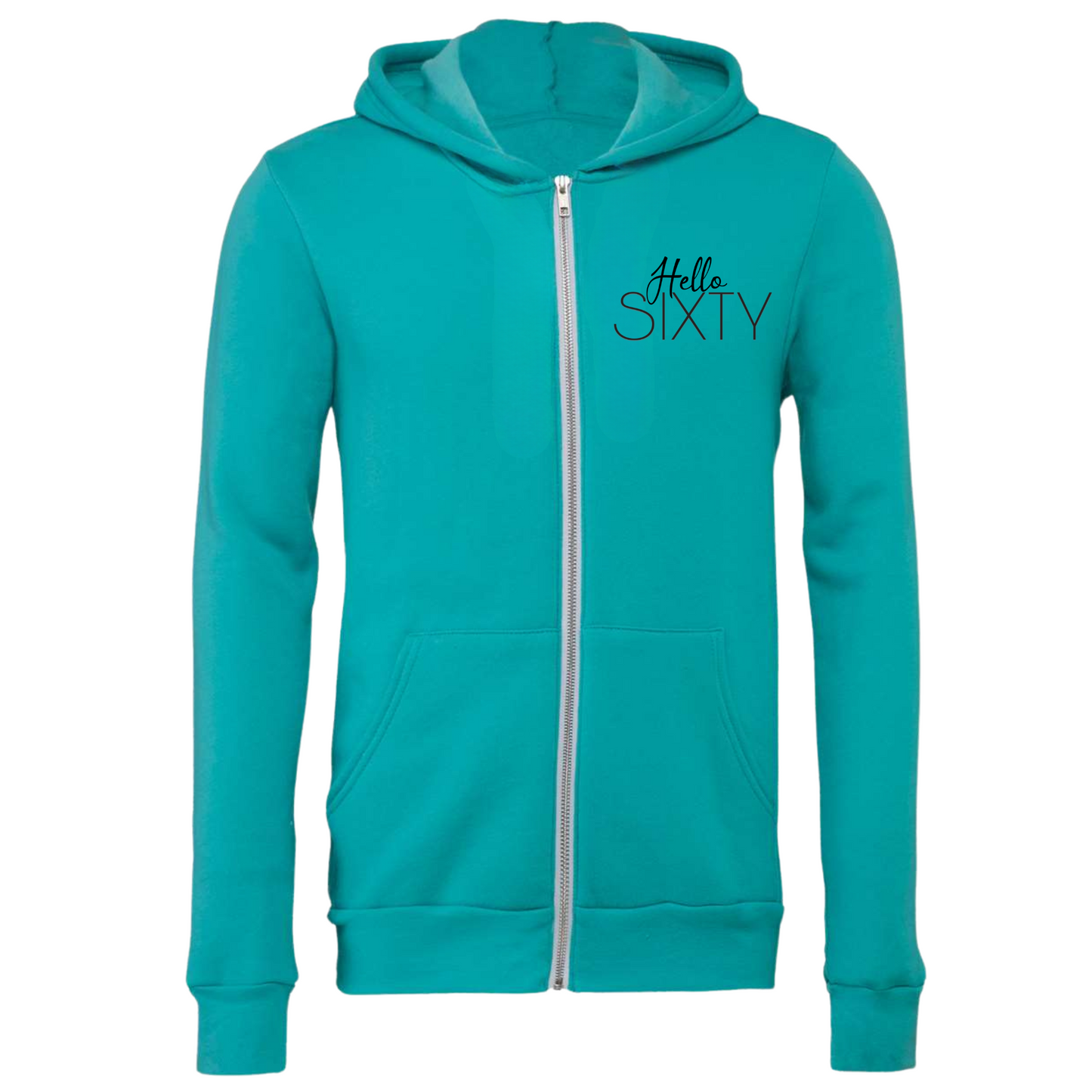 Unisex Hello Sixty Zip Up Hoodie in teal, featuring a zip design and front pockets.