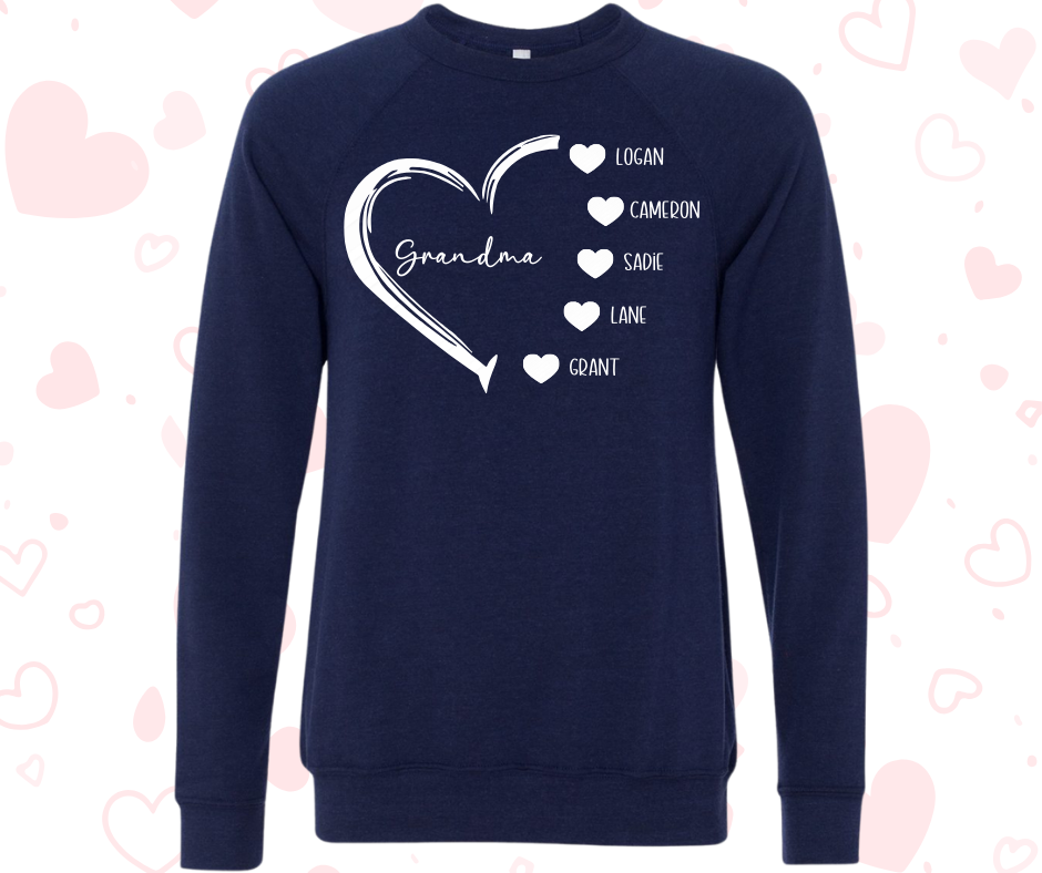 Customizable Grandma Sweatshirt with grandkids' names, heart design, cozy and stylish.