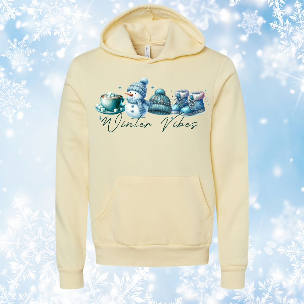 Winter Vibes hoodie with snowman design on snowy background