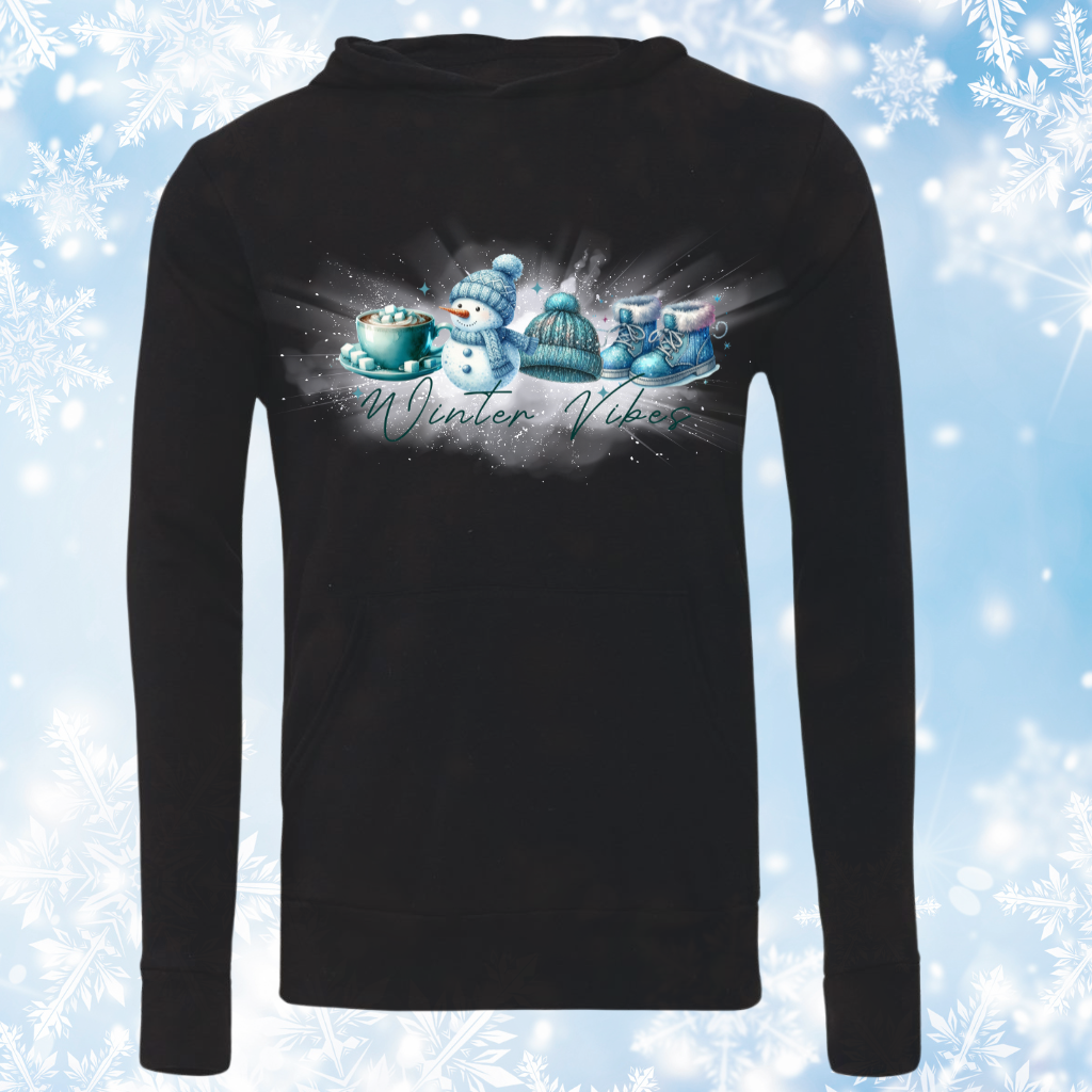 Winter Vibes hoodie with warm, stylish winter design and snowflake background.