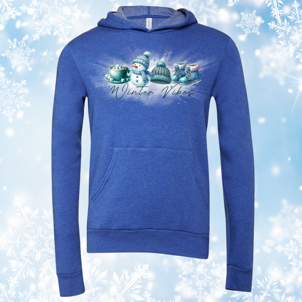 Winter Vibes cozy hoodie with snowman and winter theme design.